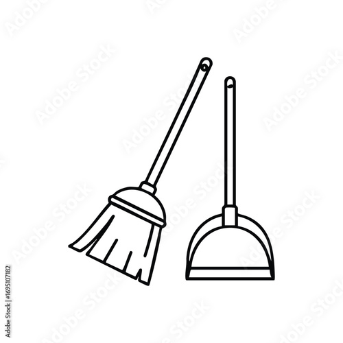 Broom Dustpan Cleaning Icon. Simple white silhouette of a sweep brush and pan for domestic hygiene tasks. Represents order, tidiness, and cleanliness.