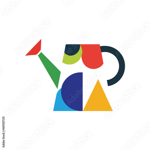 Vibrant Geometric Watering Can Art. A contemporary abstract graphic of a watering pot, crafted from diverse colorful shapes, symbolizing growth, care, and sustainability.