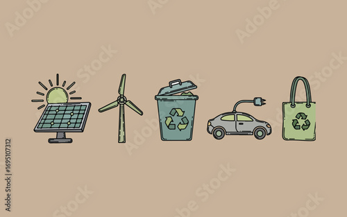 Hand drawn illustration of renewable energy and eco friendly concepts