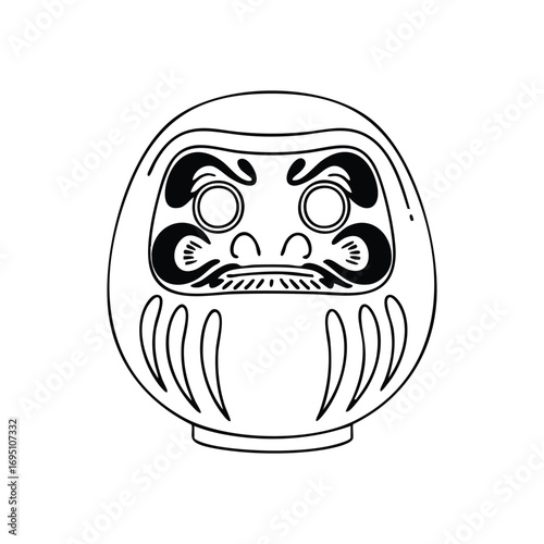 Japanese Daruma Doll Outline Graphic. Minimalist illustration of a traditional good luck charm, symbolizing prosperity and goal achievement.