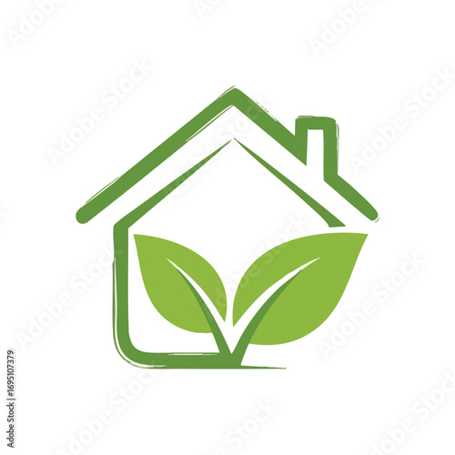 Green House Leaves Eco Home Symbol. This emblem features a dwelling with verdant foliage, portraying ecological housing, environmental care, and harmonious natural living.
