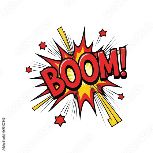 Boom Comic Burst Sound Effect. A vivid pop art graphic with BOOM in bold red letters, surrounded by a fiery yellow flash and scattered stars. Symbolizes sudden impact, energy, and excitement.