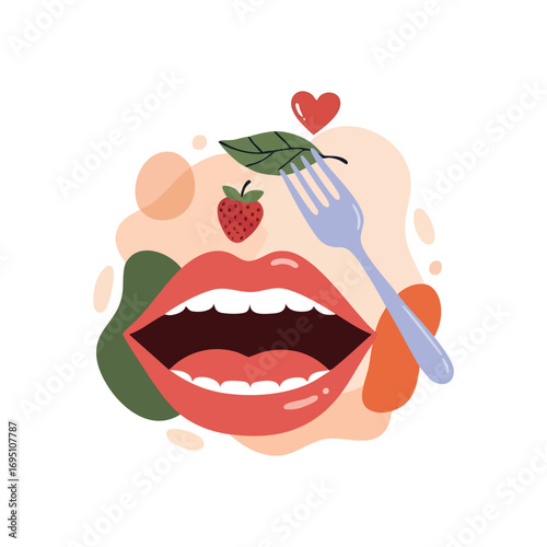 Nourishing Delights and Healthy Eating. An open mouth anticipates a delicious bite. This creative scene conveys a deep appreciation for fresh, wholesome ingredients and mindful consumption.