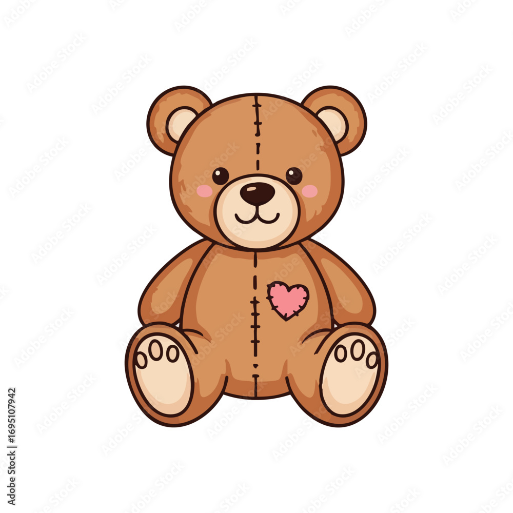 Fototapeta premium Adorable Plush Bear with Heart. A charming brown stuffed animal featuring a stitched emblem. This delightful toy symbolizes affection, comfort, and childhood nostalgia, perfect for gentle themes.