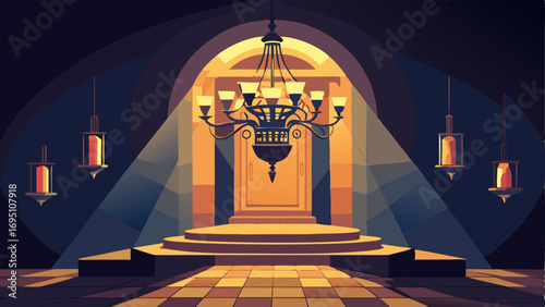 A grand chandelier hanging from the ceiling of the main entrance casting a warm glow over the space.