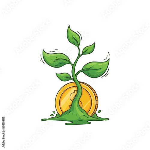 Investment Growth Symbol. Vibrant seedling emerges from a golden coin, illustrating wealth creation, prosperity, and expanding economic ventures.