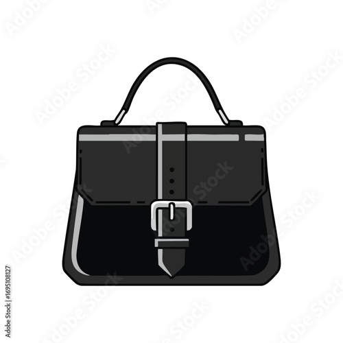 Classic Black Handbag with Buckle. A sleek dark leatherette accessory featuring a distinctive silver clasp. Represents elegance and professional style.