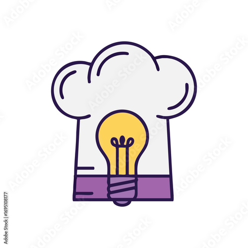 Brilliant Culinary Innovation Concept. This vibrant illustration features a cook's toque with a glowing lightbulb, symbolizing fresh gastronomic ideas and ingenious kitchen creativity.