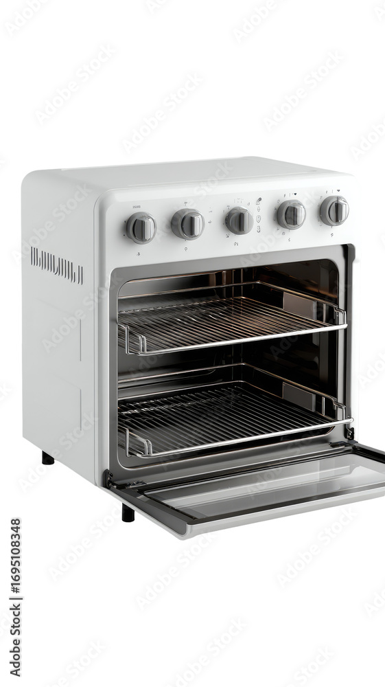 Fototapeta premium White compact oven with open door, two tiers, and control knobs