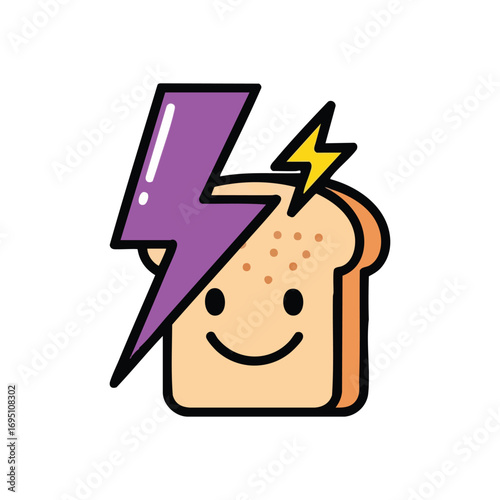 Energetic Happy Toast Cartoon. Dynamic illustration of a cheerful bread slice with power bolts. Represents morning energy, a boost, or a vibrant beginning.