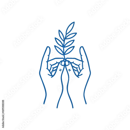 Hands Nurturing Greenery Symbol. A gentle illustration of palms cradling a delicate botanical sprig, representing guardianship, environmental wellbeing, sustainable living, and fresh starts.
