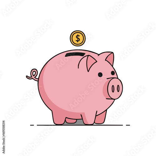 Piggy Bank Savings Concept. This delightful pink coin container with a dropping dollar coin symbolizes prudent financial planning, wealth building, and fiscal prosperity.