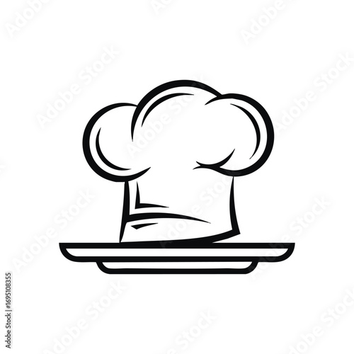 Gourmet Kitchen Cap Dish Icon. A sophisticated cook's toque gracefully sits upon a pristine serving plate, embodying culinary mastery and delicious cuisine. Ideal for hospitality or eateries.