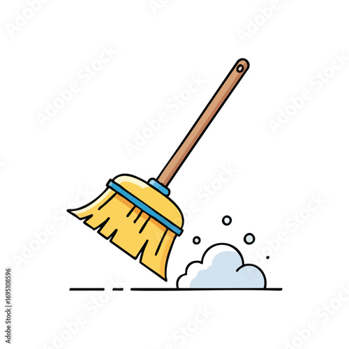 Broom Sweeping Cartoon Illustration. A vivid graphic depicts a floor brush tidying up. This imagery symbolizes cleanliness, order, and diligent household maintenance.