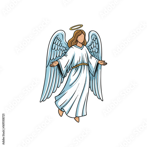 Heavenly Angel with Wings and Halo. This celestial figure embodies peace, purity, and spiritual protection. Features a serene divine messenger with a luminous aureole and feathered appendages.