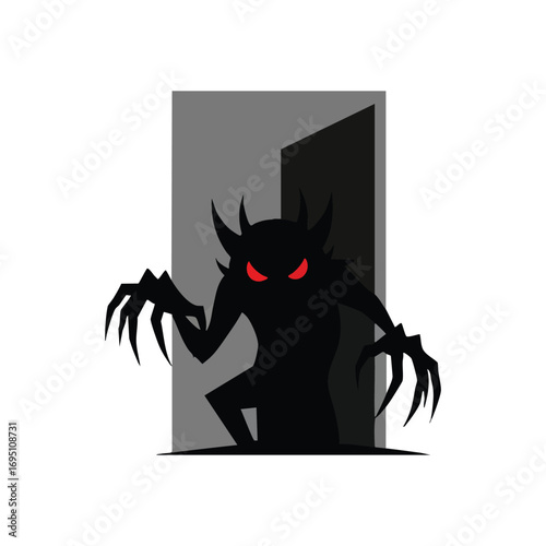 Dark Creature Lurking in Doorway. A haunting illustration reveals a shadowy fiend with malevolent crimson eyes, emerging from darkness. It embodies primal fears and the unseen.