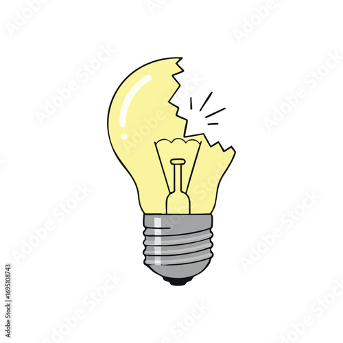 Broken Idea Bulb. Illustration of a fractured electric lamp, symbolizing a creative block, failed innovation, or dilemma. Represents a lost notion or concept breakdown.