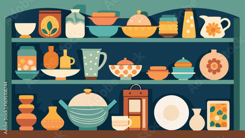 A kitchen featuring a collection of mismatched ceramic dishes from different countries displayed on open shelves.