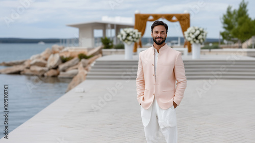 Smiling groom in traditional Indian attire standing at luxurious outdoor waterfront wedding venue, elegant cultural fashion portrait with floral decor and ocean background on a cloudy day