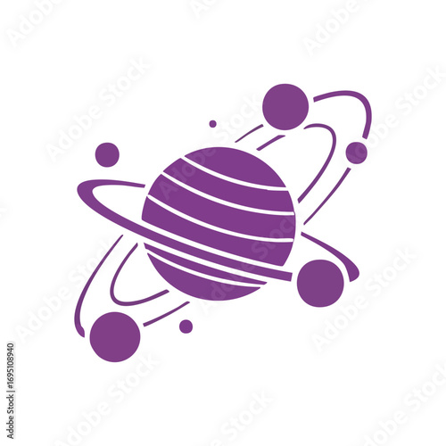 Purple Planet Cosmos Icon. Vibrant celestial illustration with rings and orbiting objects. Symbolizes universal discovery and space exploration.