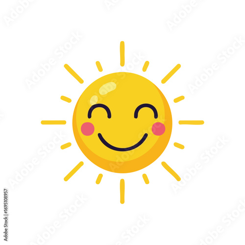 Cheerful Smiling Sun Character. This delightful emblem features a beaming solar orb radiating warmth and happiness. Its rosy cheeks and sweet grin symbolize positivity and bright days.