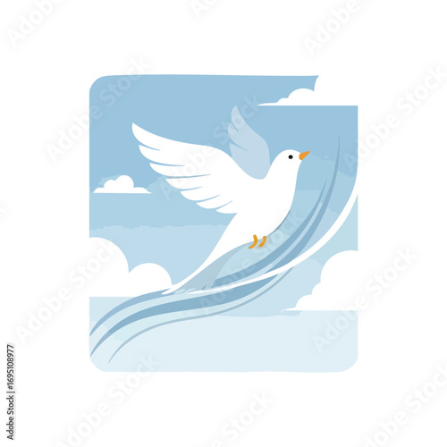 White Dove Flying Serene Sky. An elegant bird ascends through a bright atmosphere with light clouds, symbolizing tranquility, freedom, and spiritual hope.
