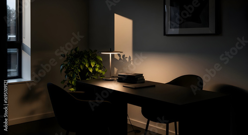 Interior shot of a modern desk with ambient lighting and decorative plant features