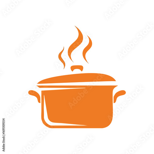 Steaming Orange Cooking Pot Icon. This vibrant graphic depicts a heated culinary vessel releasing vapor. It symbolizes delicious food, kitchen warmth, and comforting home cooking.