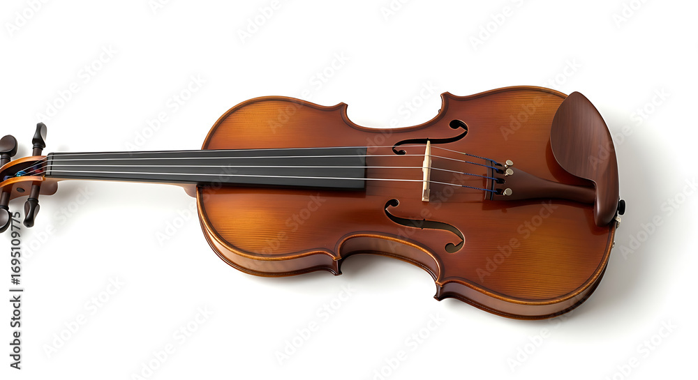 Fototapeta premium A full view of a brown violin with black strings and tuning pegs on a white surface in horizontal view ai generated