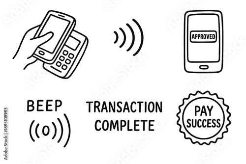 Tap to Pay Doodles. Tap to pay: hand drawn doodles of phone over terminal, NFC beam, approval screen, beep wave, transaction