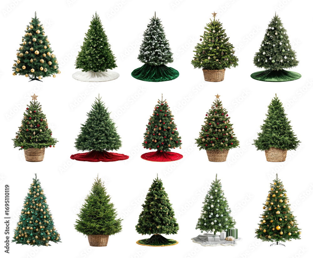 Fototapeta premium PNG Variety of decorated Christmas trees, element set on transparent background