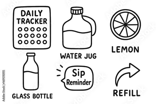 Hydration Tracker Doodles. Hydration habits: hand drawn doodles of daily tracker, water jug, lemon slice, glass bottle, sip