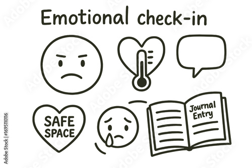 Emotional Doodle Elements. Emotional check-in: hand drawn doodles of mood tracker face, heart thermometer, tear emoji, safe space