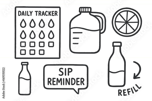 Hydration Tracker Doodles. Hydration habits: hand drawn doodles of daily tracker, water jug, lemon slice, glass bottle, sip