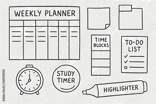 Study Planner Doodles. Study planner: hand drawn doodles of weekly planner, sticky notes, time blocks, to-do list, study timer,