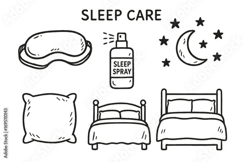 Sleep Care Elements. Sleep care: hand drawn doodles of eye mask, sleep spray, moon icon, fluffy pillow, cozy bed, and stars above.