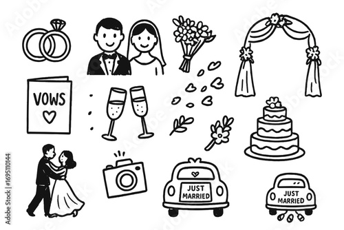 Wedding Icon Doodle. Wedding day doodle icon set: hand drawn icons of wedding rings, bride and groom, bouquet, wedding arch, vows