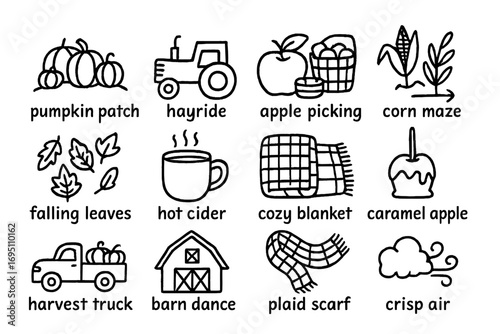 Autumn Festival Icons. Autumn festival doodle icon set: hand drawn icons of pumpkin patch, hayride, apple picking, corn maze,