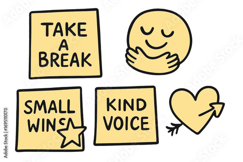 Self-Care Doodles. Self-care reminders: hand drawn doodles of post-it notes, “take a break”, hug emoji, small wins star, kind