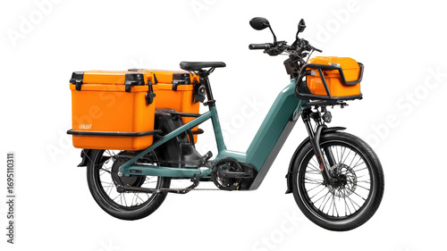 Teal electric cargo bike with orange cooler boxes