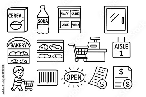 Supermarket Doodle Icons. Supermarket aisle doodle icon set: hand drawn icons of cereal box, soda bottle, snack shelf, freezer