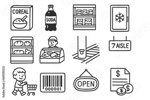 Supermarket Doodle Icons. Supermarket aisle doodle icon set: hand drawn icons of cereal box, soda bottle, snack shelf, freezer