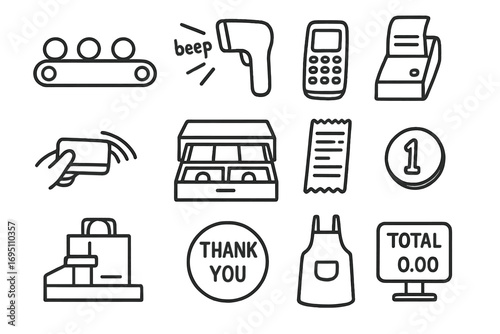 Checkout Icon Doodle Set. Checkout process doodle icon set: hand drawn icons of conveyor belt, scanner beep, payment terminal,