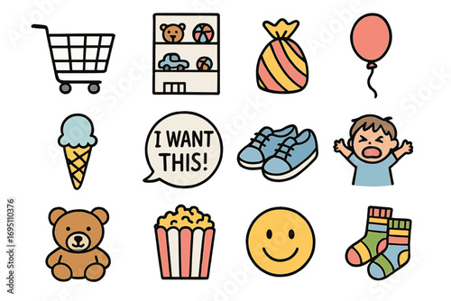 Kids Shopping Doodles. Kids shopping doodle icon set: hand drawn icons of mini cart, toy aisle, candy bag, balloon string, ice