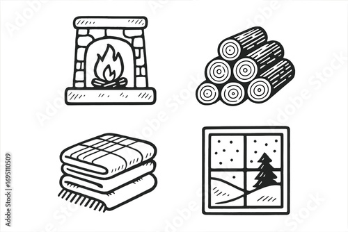 Cozy Cabin Doodle Set. Cozy cabin doodle set: hand drawn icons for fireplace, wood pile, blankets, and snow view, isolated