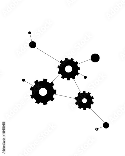 Vector art of abstract black and white interconnected gears and dots, representing teamwork, networks, systems, and business process efficiency