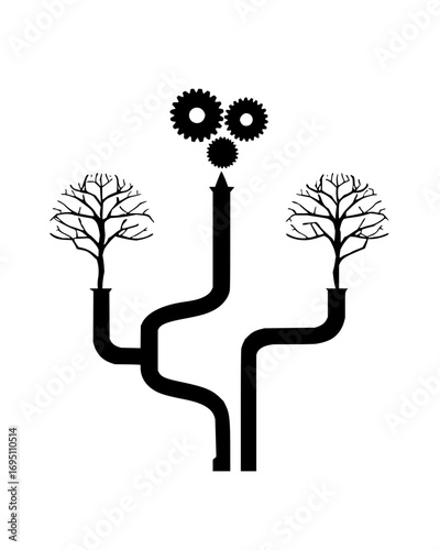 Vector art of abstract interconnected trees with mechanical gears, symbolizing sustainability, innovation, technology, and nature integration
