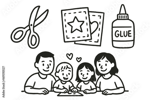 Family Crafting Icons. Crafting as a family doodle set: hand drawn icons for scissors, templates, glue, and shared fun, isolated