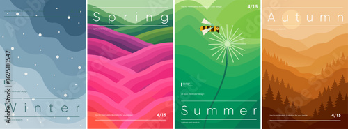 4 seasons: winter, spring, summer and autumn. Vector modern abstract illustrations of winter snow landscape, blooming fields, nature with bee and dandelion and coniferous forest for background, poster