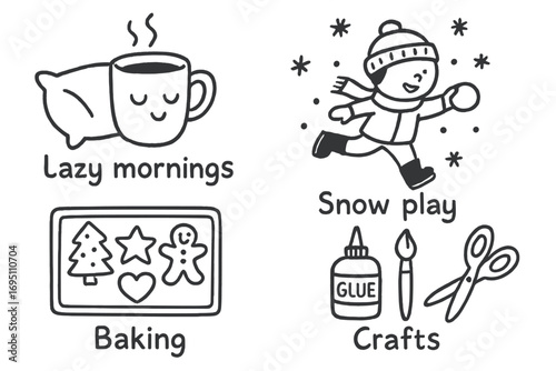 Winter Break Doodles. Winter break schedule doodle set: hand drawn icons for lazy mornings, snow play, baking, and crafts,